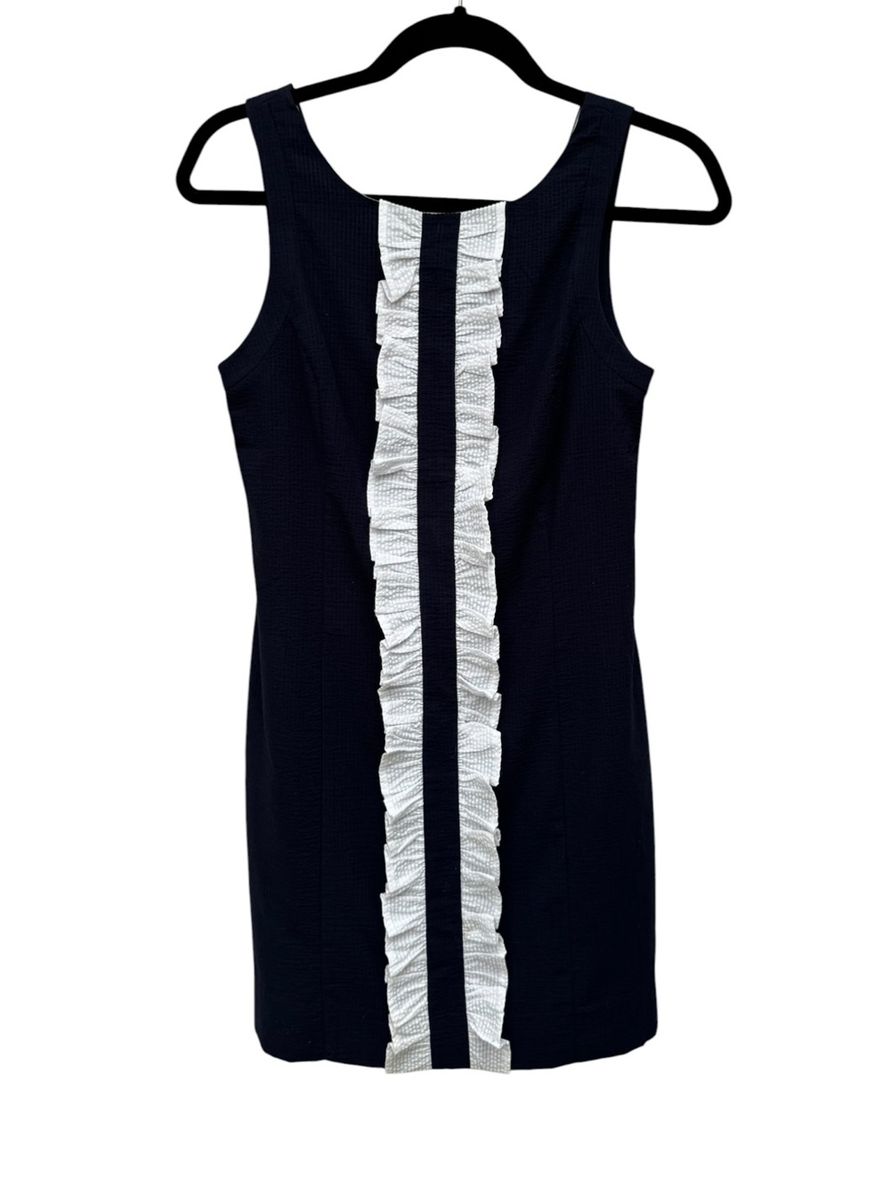 Lauren James Navy Sleeveless Shift Dress with White Ruffle Stripe